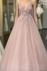 Pearl Pink Tulle Evening Prom Dresses V Neck Appliques