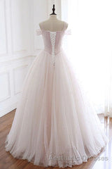 Pearl Pink Straps A Line Tulle Long Evening Prom Dresses with Pearls, Long Formal Gown