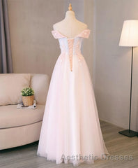 Light Pink Lace Off Shoulder Lonng Evening Prom Dresses, Pink Evening Prom Dresses
