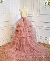Blue V Neck Tiered Sleeveless Tulle Evening Prom Dresses, Gorgeous Long Party Dresses