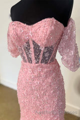 Pink 3D Floral Lace Sweetheart Mermaid Long Evening Prom Dresses with Slit
