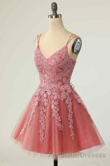 Pink A-line Double Straps V Neck Lace-Up Applique Mini Homecoming Dresses