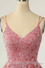Pink A-line Double Straps V Neck Lace-Up Applique Mini Homecoming Dresses