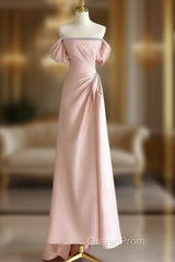 Pink A-Line Satin Long Evening Prom Dresses, Off Shoulder Pink Long Evening Dresses