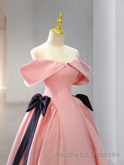 Pink A-Line Satin Off Shoulder Long Evening Prom Dresses, Pink Formal Evening Dresses