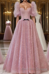 Pink A-line tulle lace long Evening Prom Dresses, pink lace formal Dresses