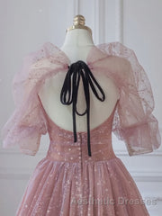 Pink A-line tulle lace long Evening Prom Dresses, pink lace formal Dresses