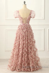 Pink A-Line Tulle Pleated Floral Long Evening Prom Dresses Adult Ceremony Graduation Evening Prom Dresses