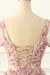 Pink A-Line Tulle Pleated Floral Long Evening Prom Dresses Adult Ceremony Graduation Evening Prom Dresses