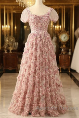Pink A-Line Tulle Pleated Floral Long Evening Prom Dresses Adult Ceremony Graduation Evening Prom Dresses