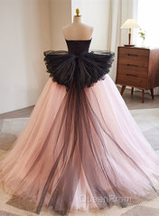 Pink And Black Lace Tulle Ball Gown Sweet 16 Dresses, Pink And Black Long Formal Dresses
