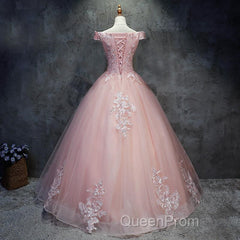 Pink Cap Sleeves Ball Gown Tulle With Lace Sweet 16 Evening Prom Dresses, Long Quinceanera Dresses