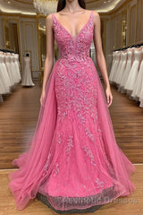 Pink Corset Evening Prom Dresses Elegnat A Line Deep V Neck Party Evening Dresses with Appliques