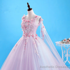 Pink Flowers Long Formal Dresses, Pink Sweet 16 Gown Party Dresses