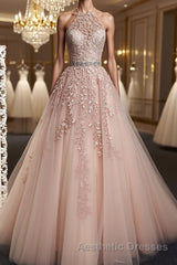 Pink Halter Neck Lace Evening Prom Dresses, Pink Halter Neck Long Lace Formal Evening Dresses