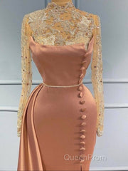 Pink High Neck Long Sleeves Sheer Beading Evening Prom Formal Dresses