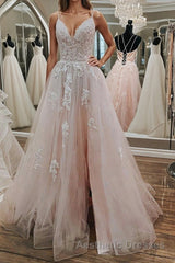 Pink Lace Appliques A Line Open Back Tulle Long Evening Prom Dresses, Pink Lace Formal Graduation Evening Dresses
