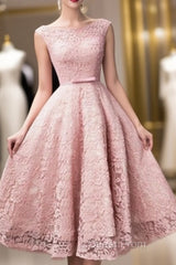 Pink Lace Tea Length Formal Dresses, Beautiful Pink Evening Prom Dresses, Lovely Party Dresses