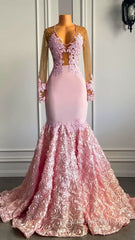 Pink Long Sleeves Lace Evening Prom Dresses Mermaid Tulle Evening Formal Gown