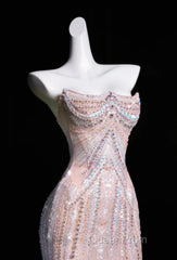Pink Mermaid Strapless Tulle Diamond Long Evening Prom Dresses Sweet Wedding Dresses Formal Dresses
