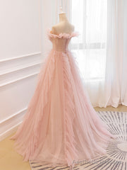 Pink Off Shoulder Tulle Long Prom Dress, Pink A line Tulle Graduation Dress