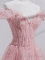 Pink off shoulder tulle sequin long Evening Prom Dresses, pink formal Dresses