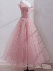 Pink off shoulder tulle sequin long Evening Prom Dresses, pink formal Dresses