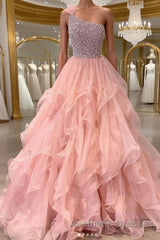Pink one shoulder beads long Evening Prom Dresses pink evening Dresses