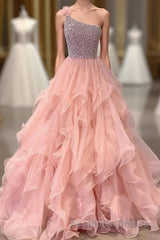 Pink Evening Prom Dresses A Line One Shoulder Long Party Evening Dresses with Beading Ruffles