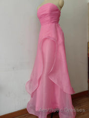 Pink Evening Prom Dresses Tulle Evening Gown Strapless Ruffles A-line Simple Evening Prom Dresses For Teens