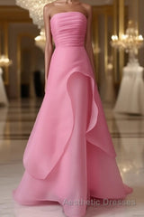 Pink Evening Prom Dresses Tulle Evening Gown Strapless Ruffles A-line Simple Evening Prom Dresses For Teens