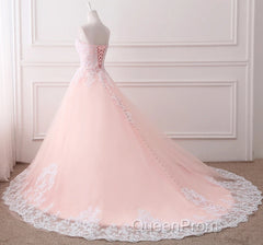 Pink Puffy Ball Gown Princess Sweetheart Tulle Formal Dresses With White Lace Evening Prom Dresses