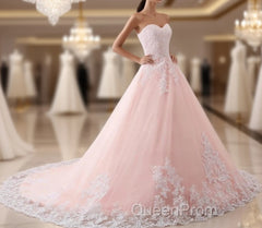 Pink Puffy Ball Gown Princess Sweetheart Tulle Formal Dresses With White Lace Evening Prom Dresses
