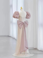 Pink Puffy Sleeves Trumpet Mermaid Sequin Evening Prom Dresses
