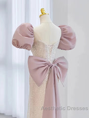 Pink Puffy Sleeves Trumpet Mermaid Sequin Evening Prom Dresses