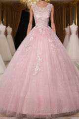 Pink round neck tulle lace long Evening Prom Dresses pink tulle formal Dresses