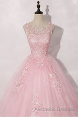 Pink round neck tulle lace long Evening Prom Dresses pink tulle formal Dresses