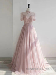 Pink Round Neck Tulle Sequin Long Evening Prom Dresses Formal Dresses Short Sleeves December Wedding Guest Dresses