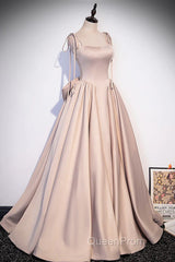 Pink Satin Long A-Line Evening Prom Dresses, Pink Spaghetti Straps Party Dresses With Bow