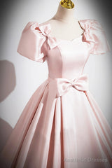 Pink Scoop Neckline Satin Floor Length Prom Dress, Pink Short Sleeve A-Line Party Dress