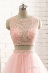 Pink See Through Tulle Beading Strapless Two Piece Evening Prom Dresses
