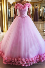 Pink tulle 3d flower tulle long Evening Prom gown, pink tulle evening Dresses