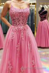 Pink Tulle Backless Lace Floral Long Evening Prom Dresses, Pink Lace Formal Dresses, Pink Evening Dresses