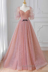 Pink Tulle Beautiful Puffy Sleeves Long Evening Prom Dresses, Pink A-Line Evening Dresses