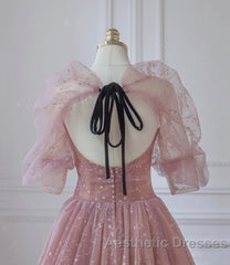 Pink Tulle Beautiful Puffy Sleeves Long Evening Prom Dresses, Pink A-Line Evening Dresses