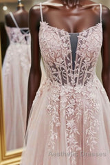 Pink tulle lace A line long Evening Prom Dresses, pink lace evening Dresses