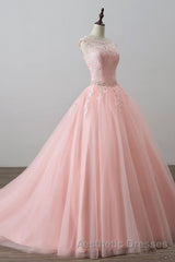 Pink tulle lace long Evening Prom Dresses, pink tulle evening Dresses