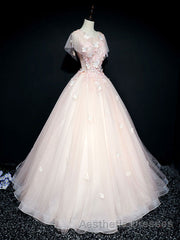 Pink tulle lace long Evening Prom Dresses, pink tulle lace evening Dresses