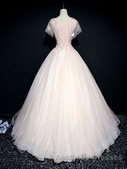Pink tulle lace long Evening Prom Dresses, pink tulle lace evening Dresses