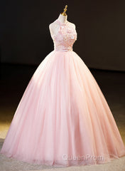 Pink Tulle Long Formal Dresses With Floral Lace, Pink Halter Tulle Sweet 16 Dresses